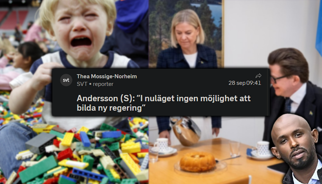 16:9-coverbild som symboliserar det politiska kaoset under Sveriges regeringsbildning 2026. Till vänster syns ett gråtande barn med armarna fulla av LEGO-bitar, som en metafor för att inte kunna klicka ihop tillräckligt många partier för en majoritet. Till höger syns Andreas Norlén och Magdalena Andersson under en sondering. I mitten står nyhetsrubriken: ”Andersson (S): I nuläget ingen möjlighet att bilda regering”. I nedre högra hörnet syns Mohamed Abdukardir Ali. Bilden kombinerar politisk nyhetsgrafik med satiriska bildspråk för att illustrera det parlamentariska dödläget och den politiska situationen efter valet.